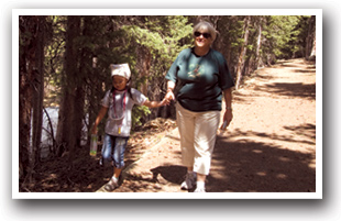 Family hiking near Mt. Blue Sky Scenic Byway, Colorado.